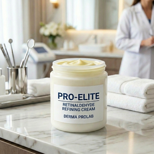Jar of Pro-Elite Retinaldehyde Refining Cream on a marble counter with a blurred background